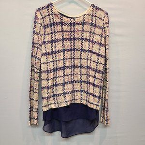 Lucky Brand Shirt Sweater Andrea Blue Plaid Open Back Sheer Top Womens Small